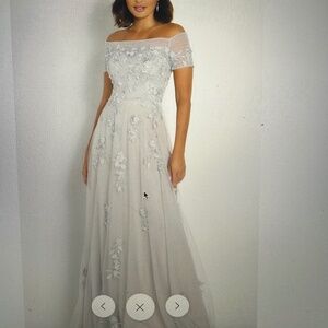 Cameron Blake , Silver off the shoulder embellished gown